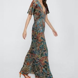 NASTY GAL Paisley Devore Angel Sleeve Jumpsuit